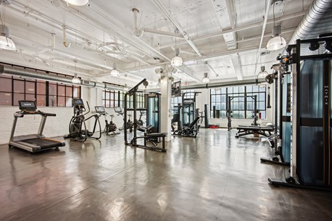 A gym with treadmills, exercise bikes and other equipment at Yale West, Washington, DC, 20001